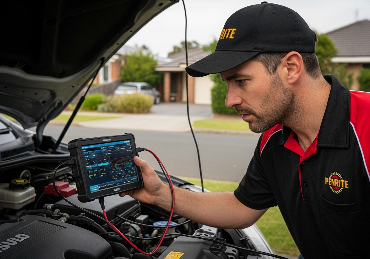 Mobile mechanic using diagnostic scanner in customer's car