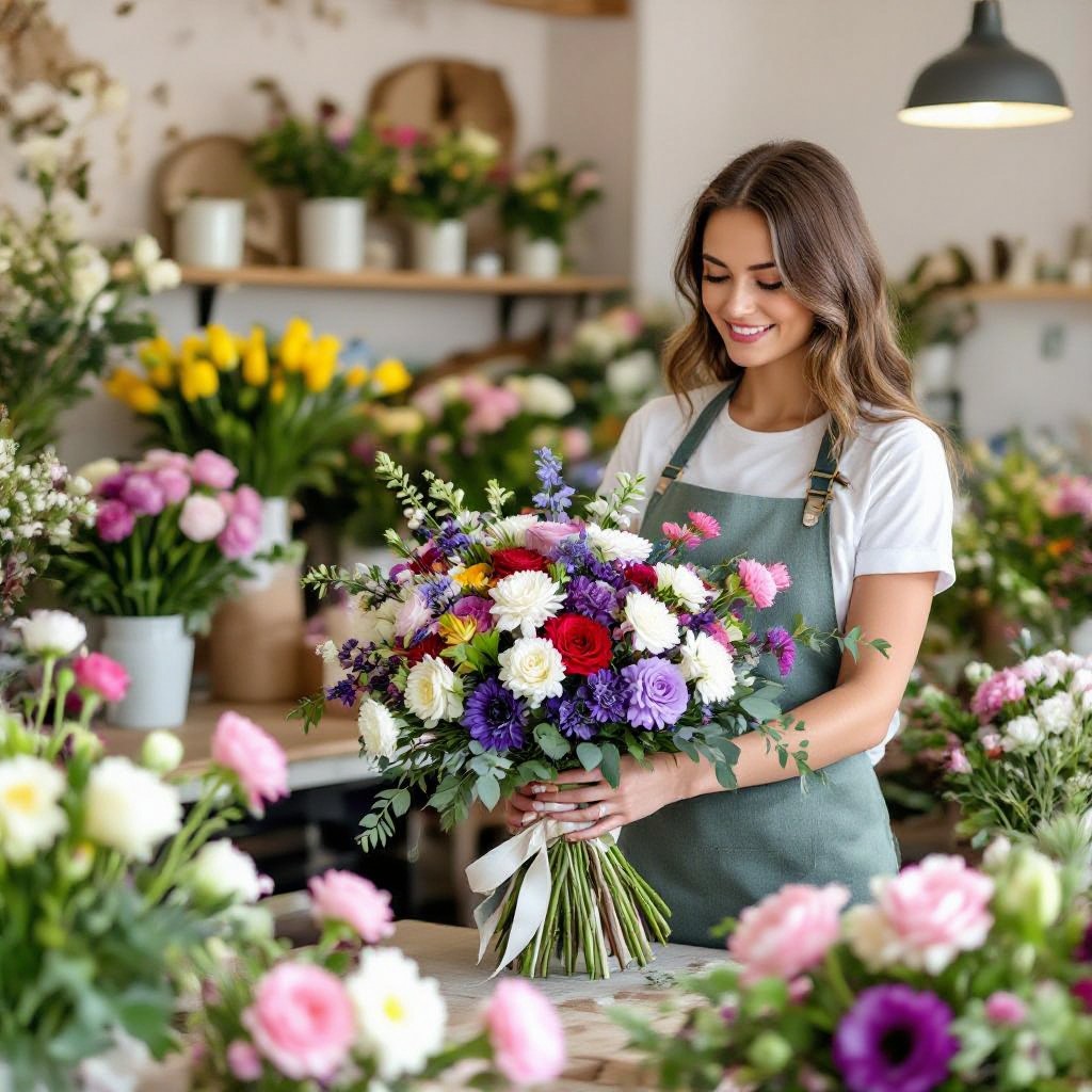Florist arranging bouquet
