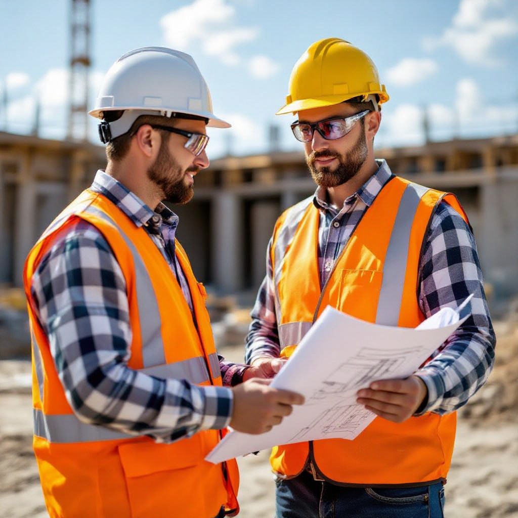 Construction project manager reviewing blueprints