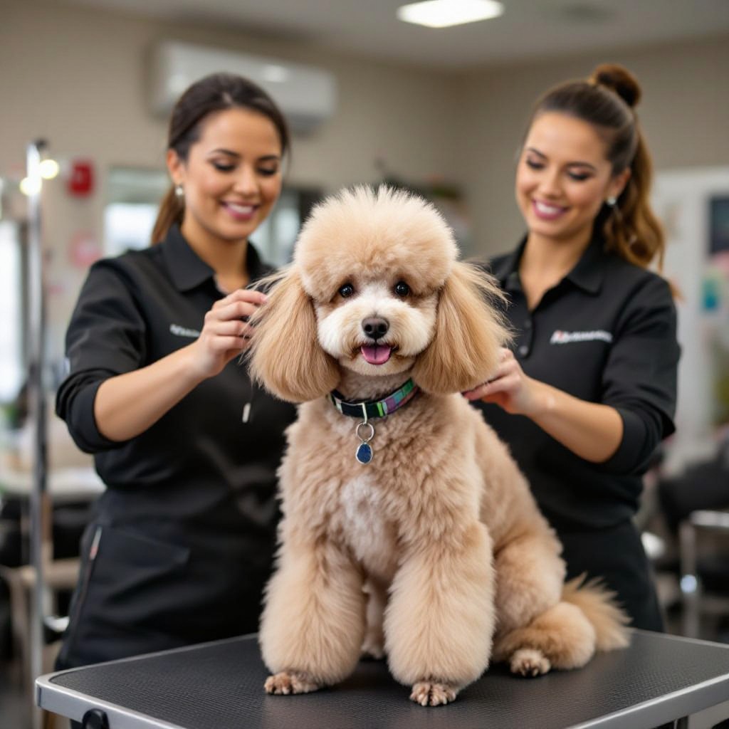 Pet groomer styling a poodle
