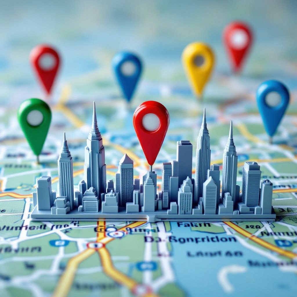 Local map pins over city skyline