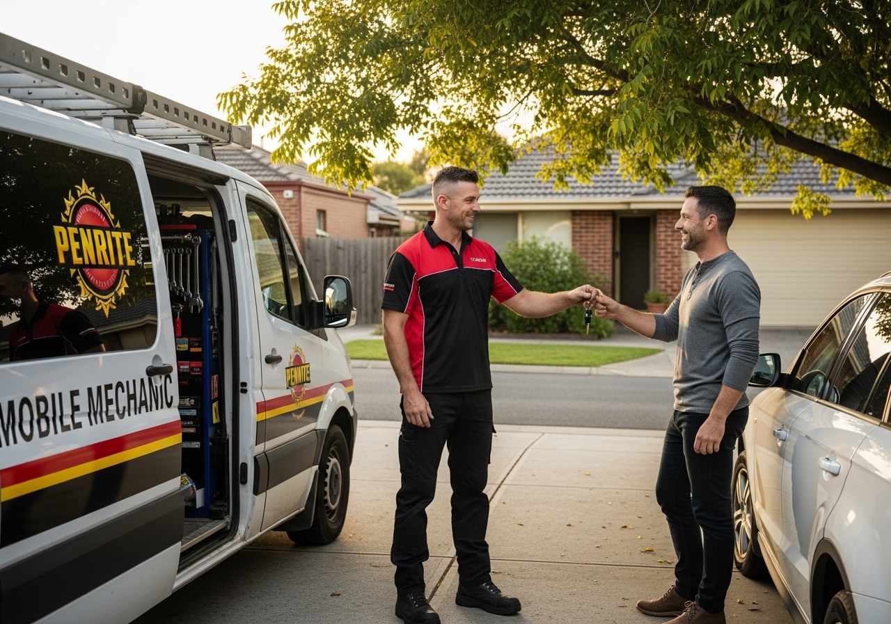 Mobile mechanic returning keys to satisfied customer in Melbourne driveway
