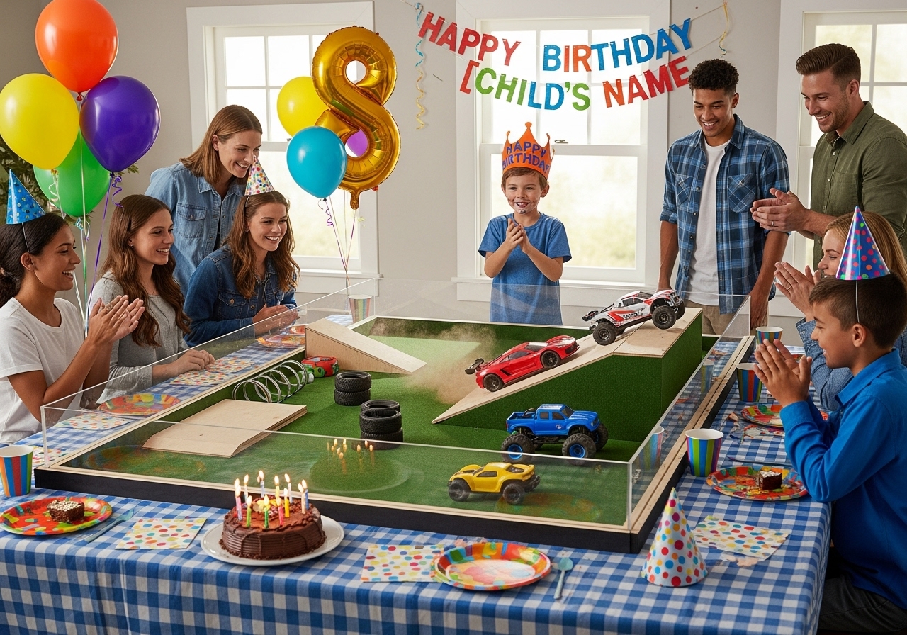 Birthday party group watching cars race over ramps
