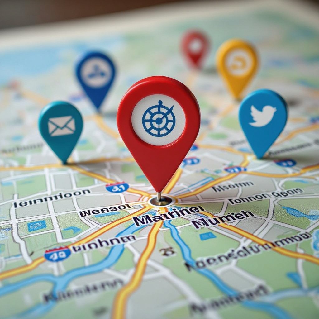 map with pins and web icons
