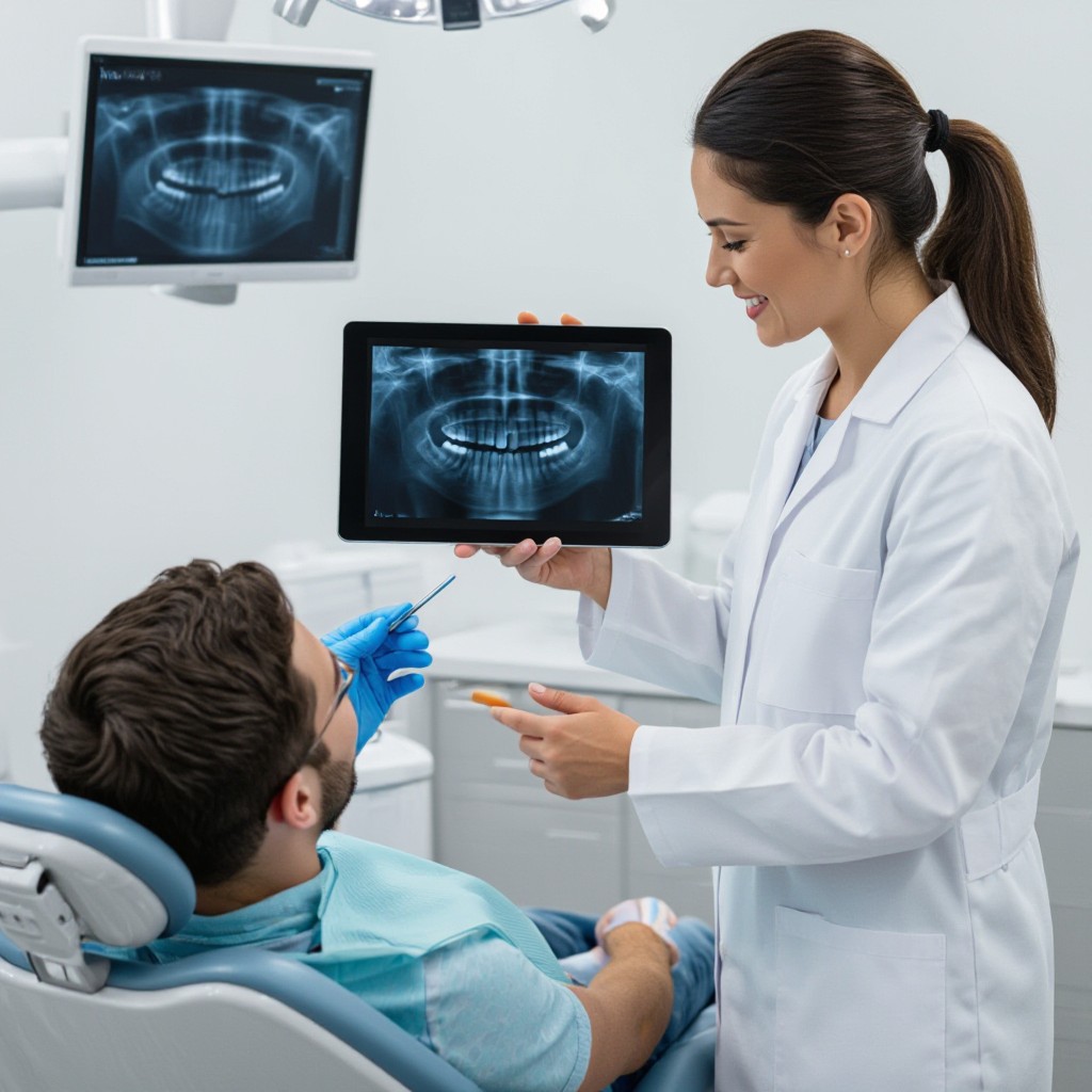 Dentist showing patient digital x-ray on tablet