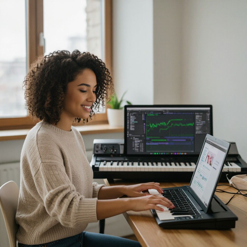Music teacher giving online lesson