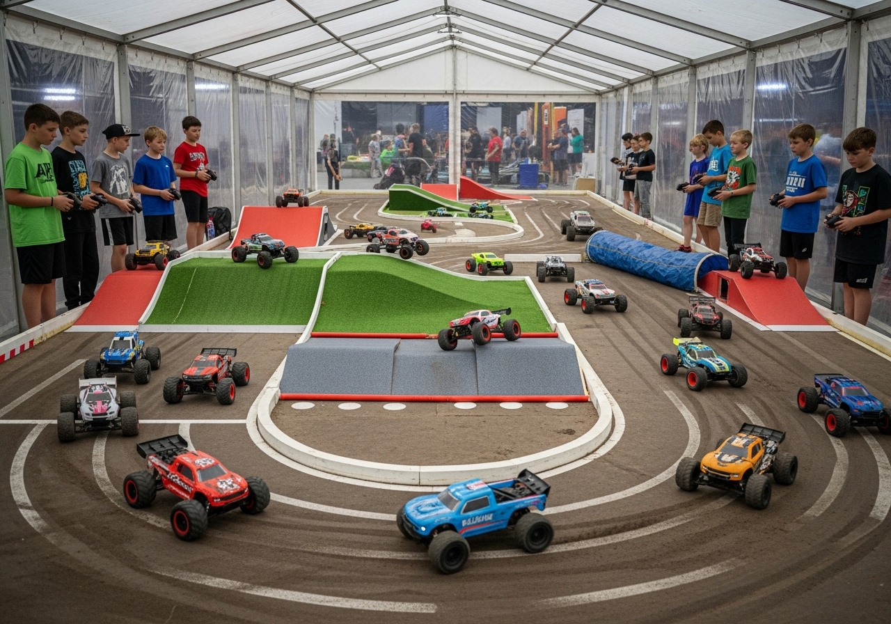 Multiple kids racing RC cars in enclosed arena