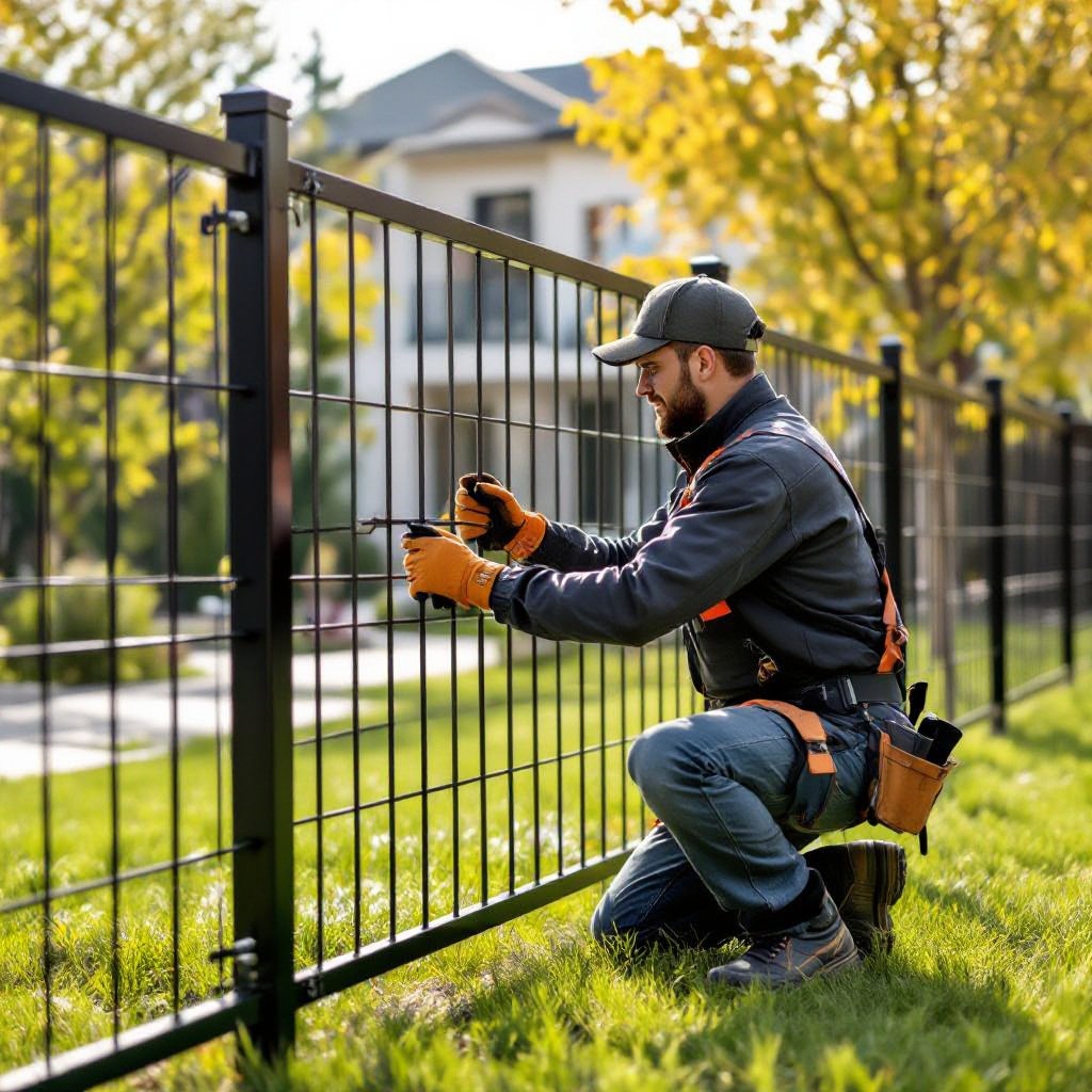 Fencing contractor installing a steel fence