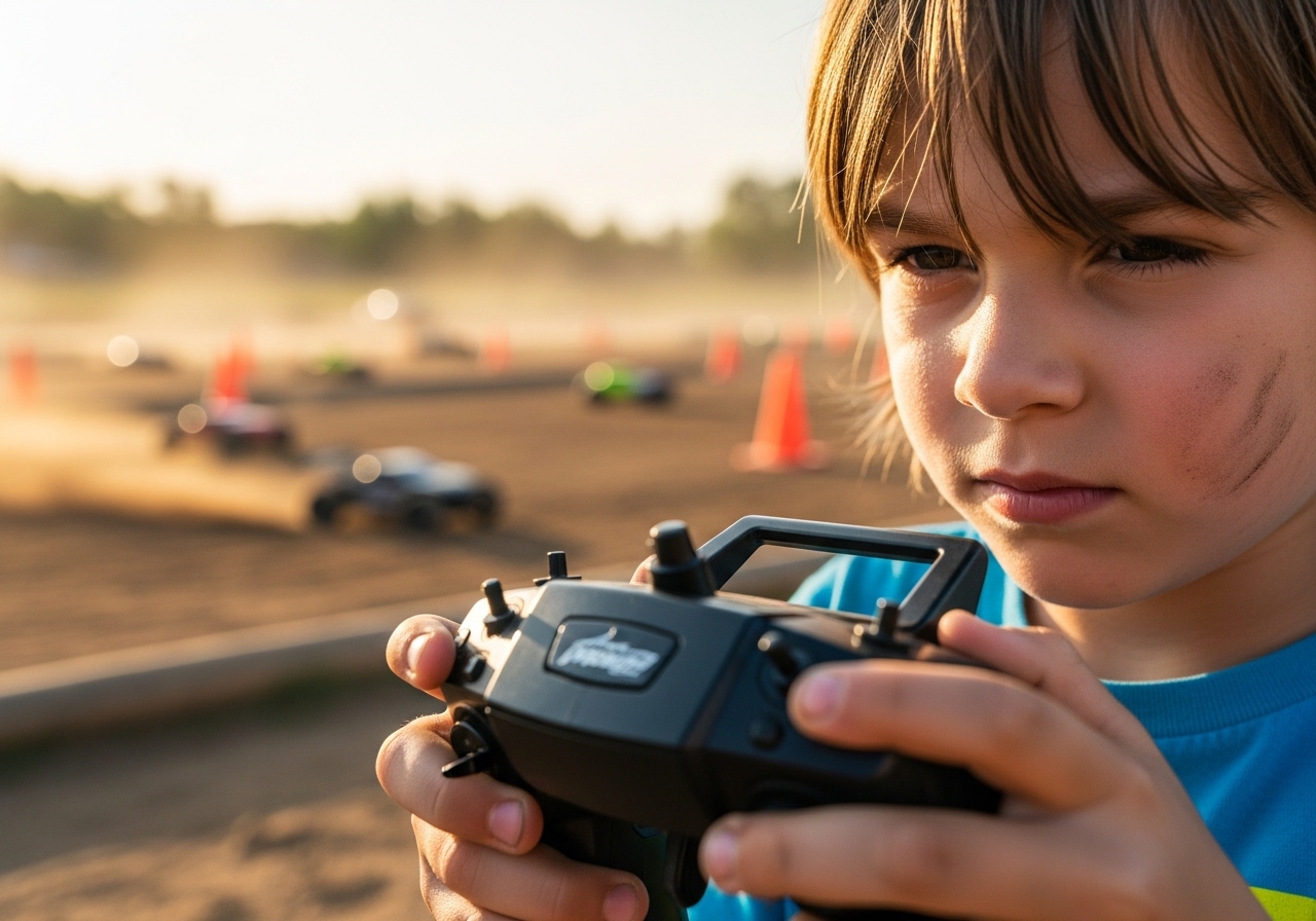 Child concentrating on RC car controls