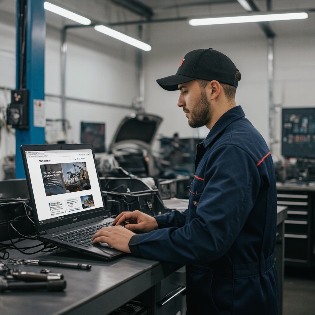 Mechanic viewing website on laptop