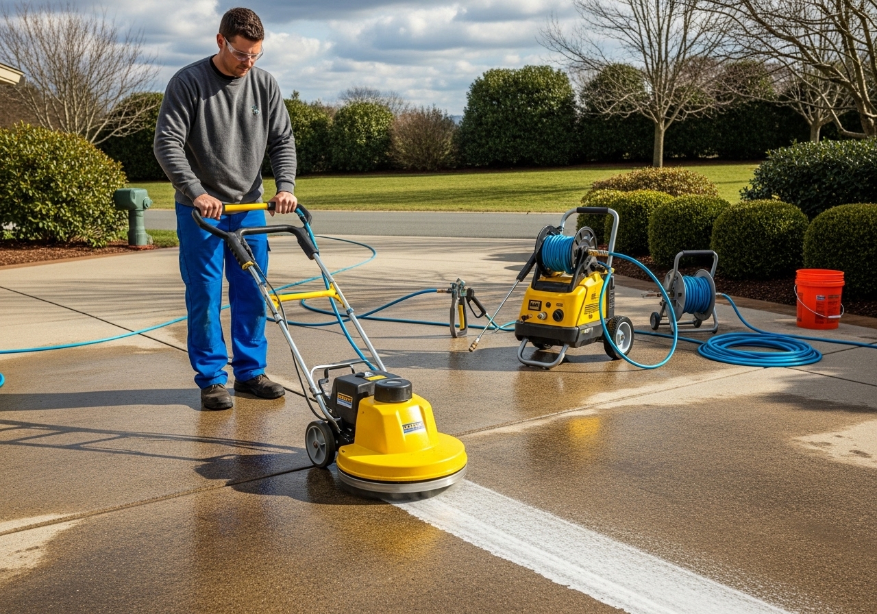 Professional using surface cleaner on driveway