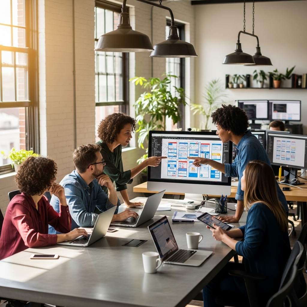 A team of web designers collaborating in a modern office, illustrating professional web design services.