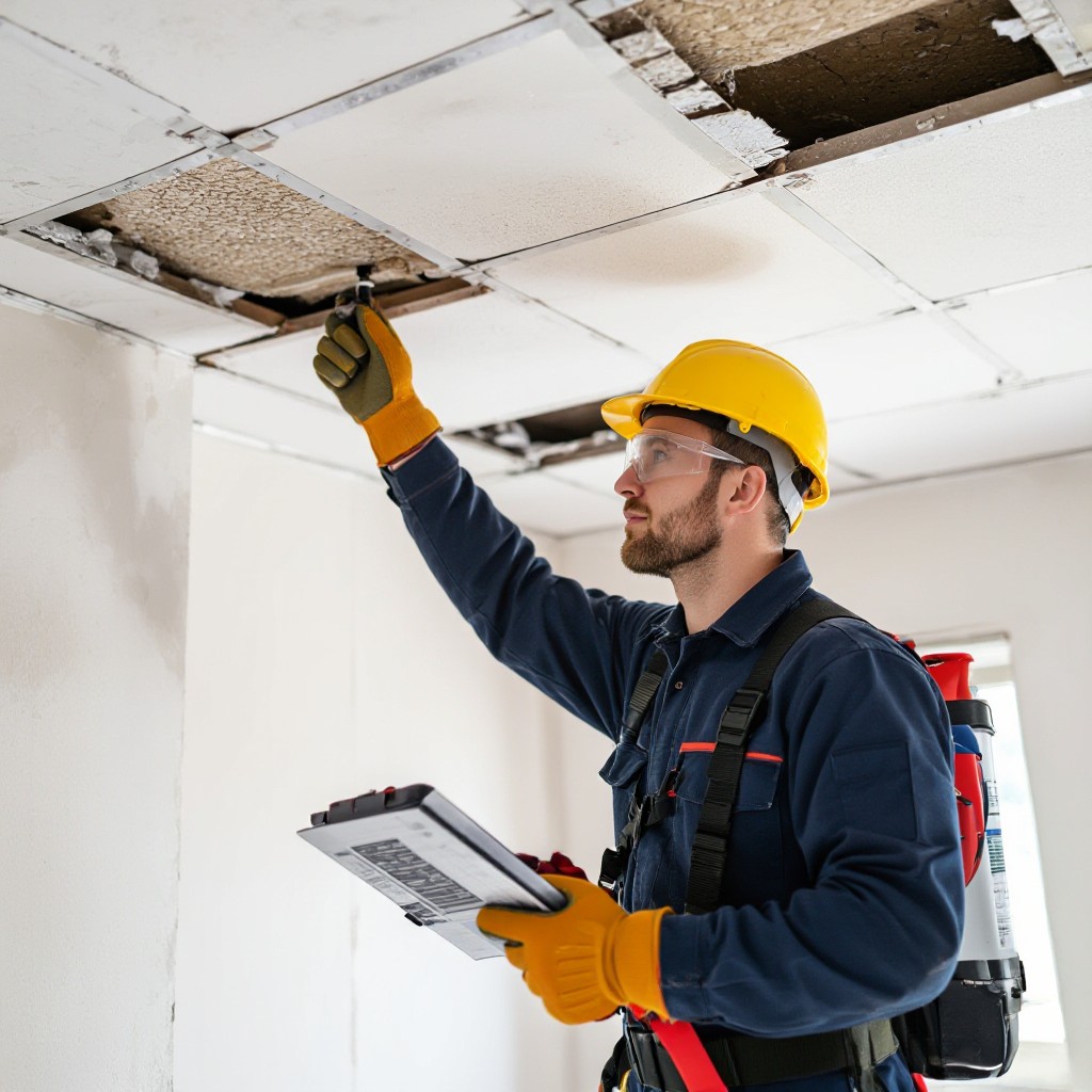 Asbestos removal technician inspecting ceiling