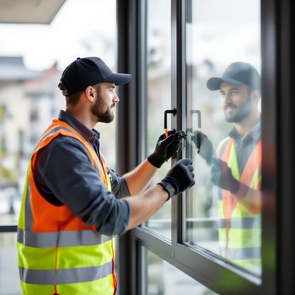 Glazier installing glass window