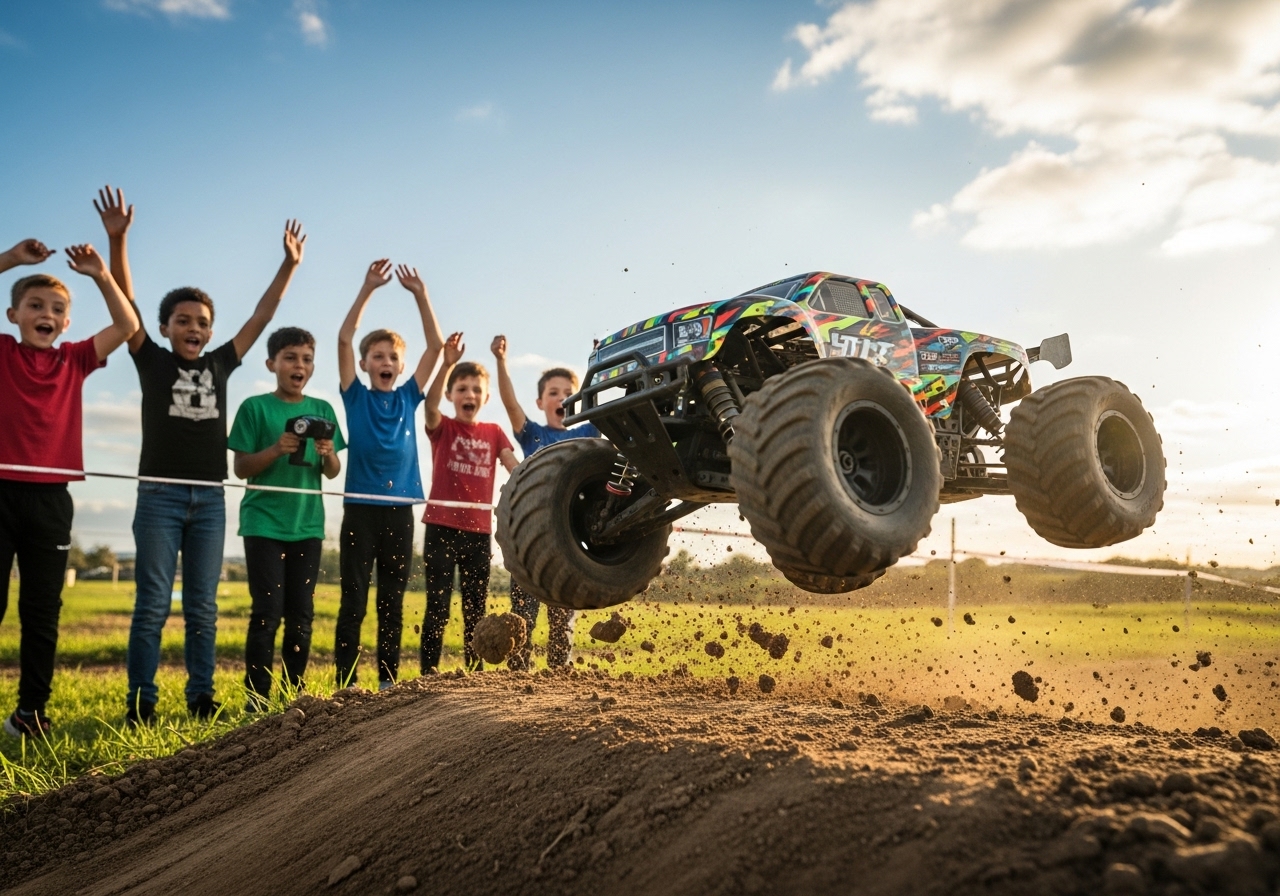 RC truck jumping over ramp with excited kids watching