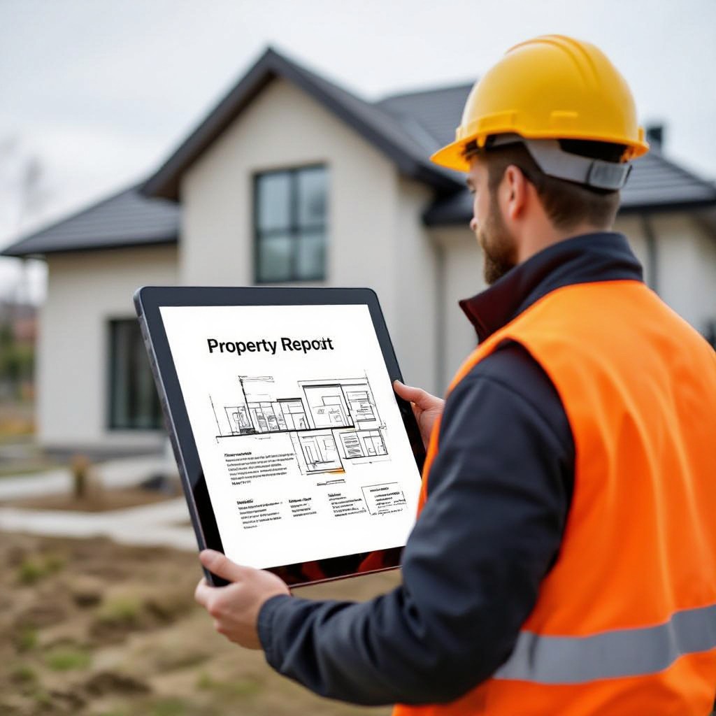 Building inspector showing inspection report on tablet