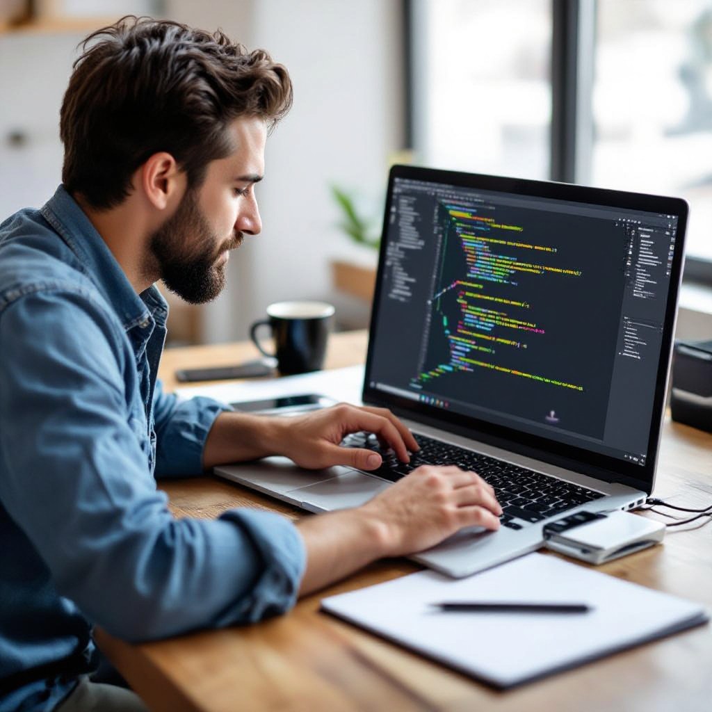 web developer coding on laptop
