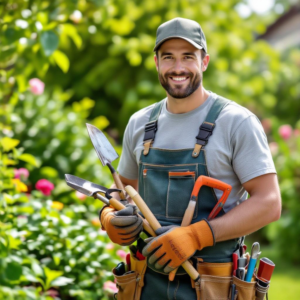 Portrait of a landscaper with gardening tools